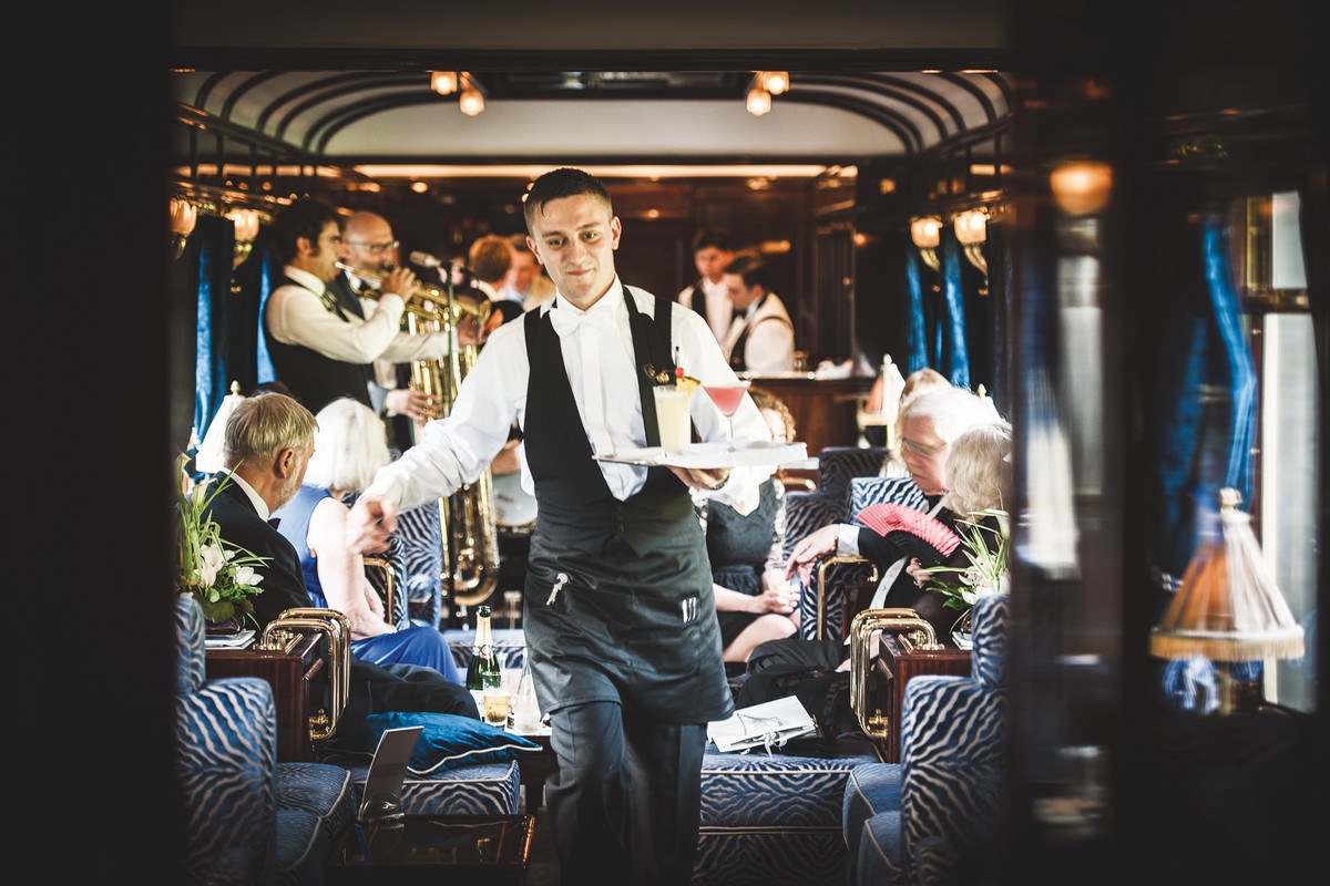 The bar and the interior of a suite on the Venice Simplon-Orient-Express, among the most famous trains in the world.