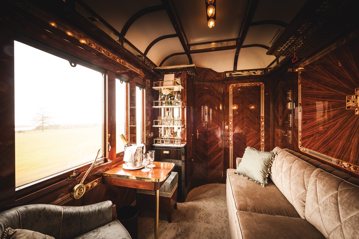 The bar and the interior of a suite on the Venice Simplon-Orient-Express, among the most famous trains in the world.