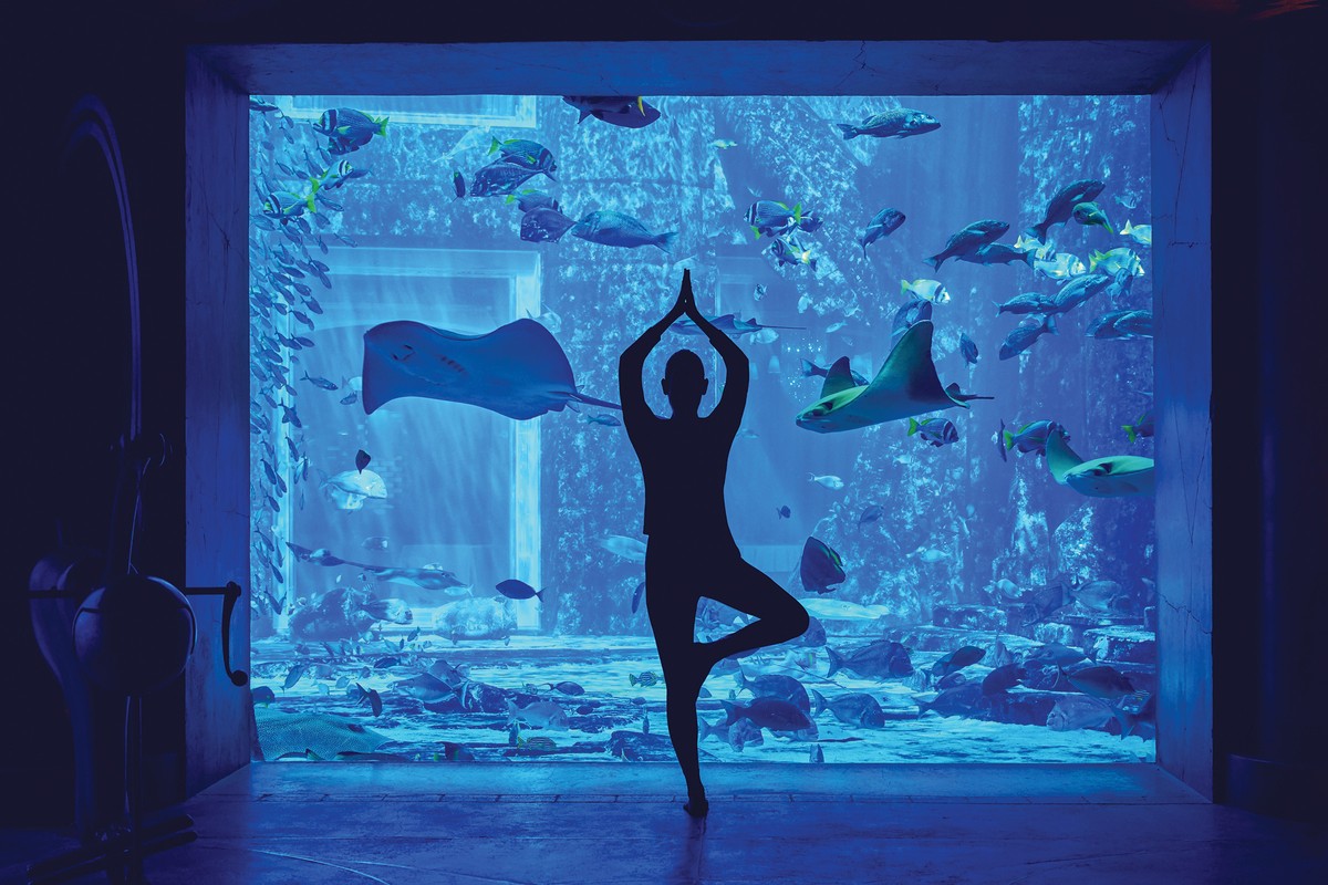 A little underwater yoga at the Lost Chambers Aquarium at Atlantis, The Palm, in Dubai.